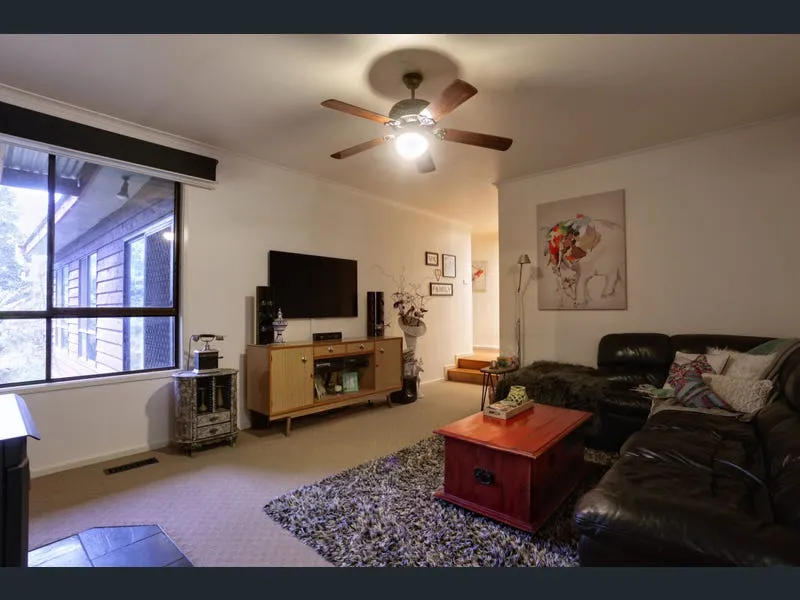 A cosy lounge room with a leather couch and fan.